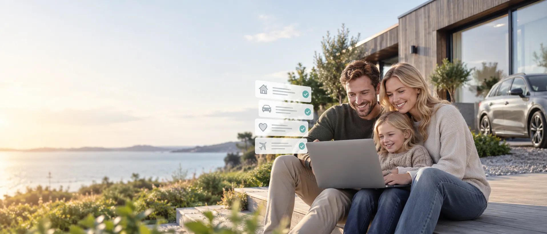 Familie på terrasse med forsikringsoverblik
