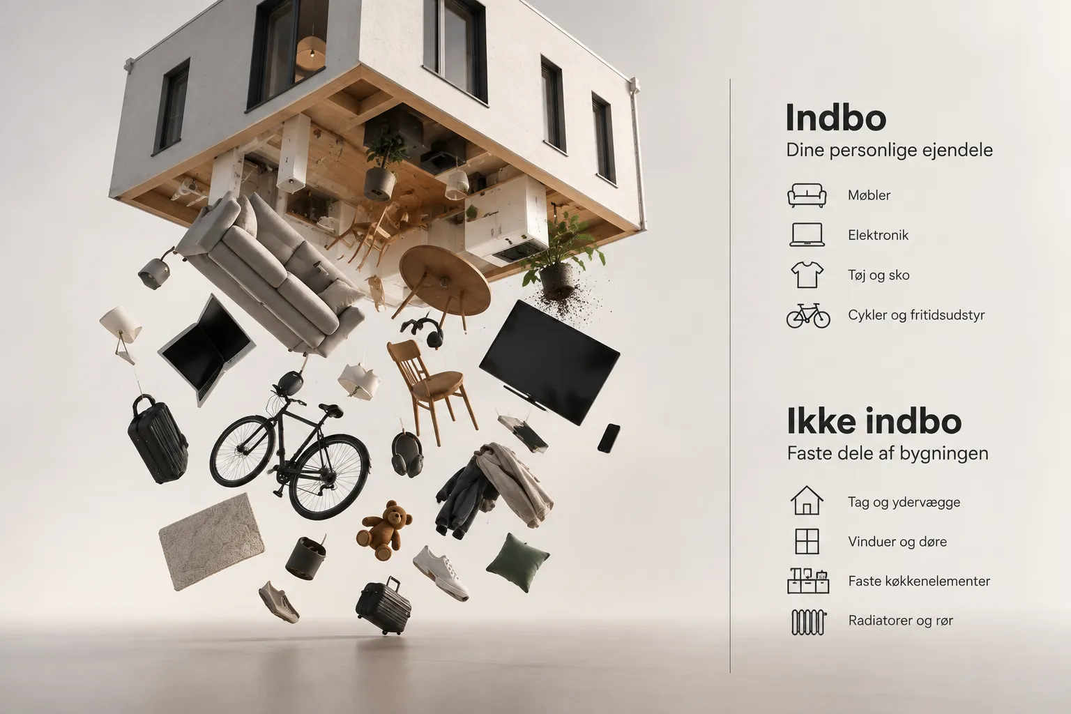 Infografik: Indbo (møbler, elektronik, tøj og sko, cykler og fritidsudstyr) versus ikke indbo (tag og ydervægge, vinduer og døre, faste køkkenelementer, radiatorer og rør)